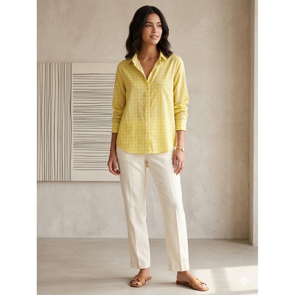 Velvet by Graham‎ & Spencer Yellow Medallion Print Cotton Button Down Shirt M